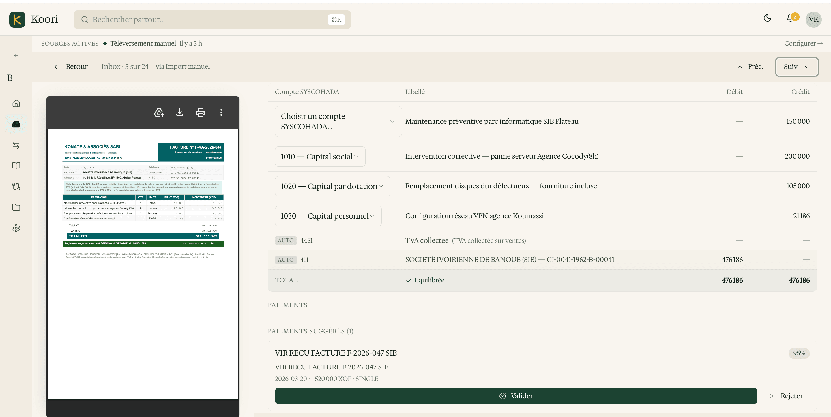 Pièce dans l'inbox Koori : facture KONATÉ avec propositions SYSCOHADA et rapprochement automatique