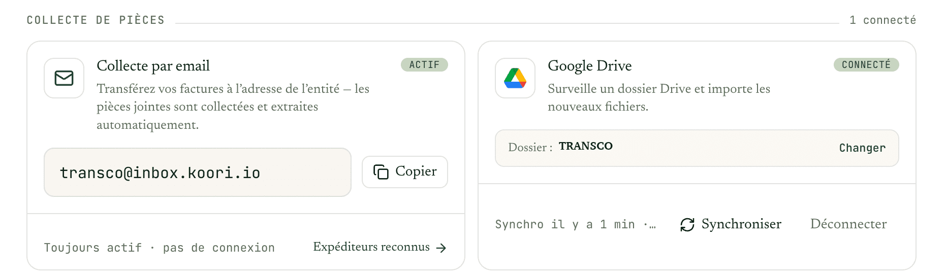 La collecte de pièces : une adresse email dédiée à l'entité, et un dossier Google Drive synchronisé.