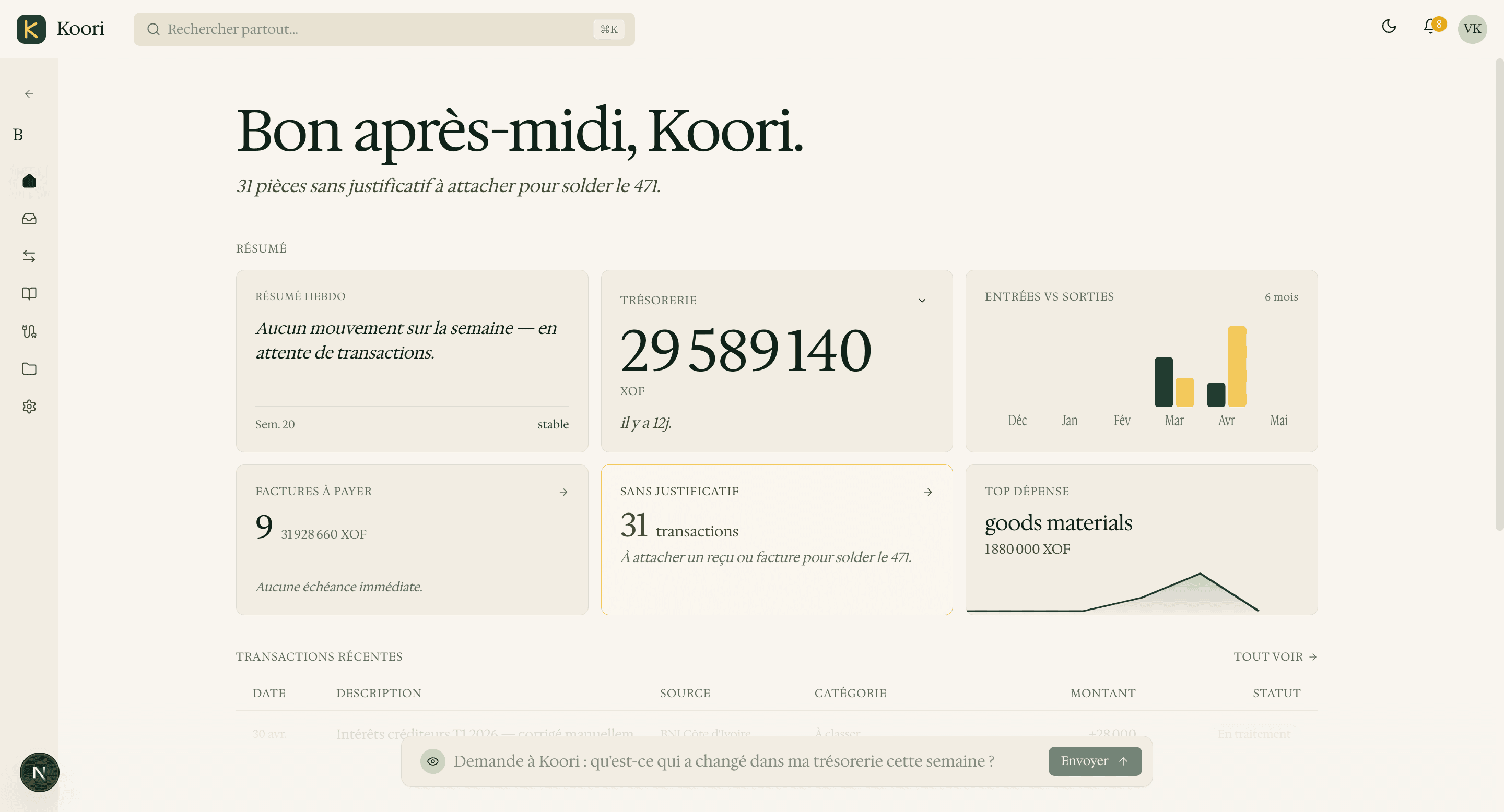 Dashboard entreprise Koori : trésorerie consolidée 29M XOF, factures à payer, top dépense par catégorie, chat analytique